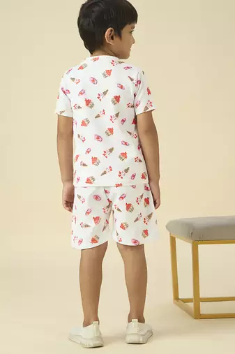 lycra woven half sleeves placement printed t-shirt and short set - white