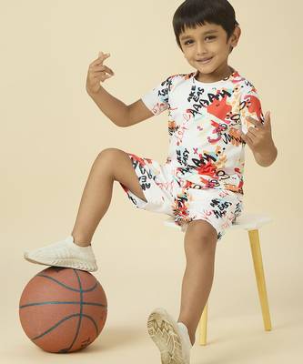 lycra woven half sleeves placement printed t-shirt and short set - white 5