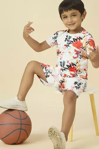 lycra woven half sleeves placement printed t-shirt and short set - white