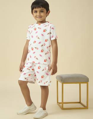 lycra woven half sleeves placement printed t-shirt and short set - white 3