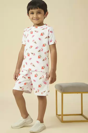 lycra woven half sleeves placement printed t-shirt and short set - white