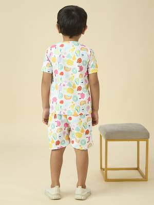 lycra woven half sleeves placement printed t-shirt and short set - white 2