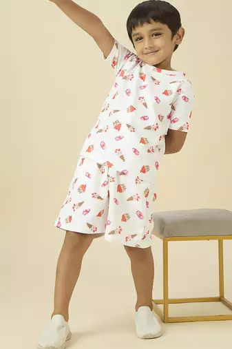 lycra woven half sleeves placement printed t-shirt and short set - white