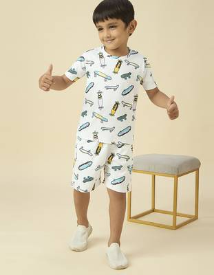 lycra woven half sleeves placement printed t-shirt and short set - white 1