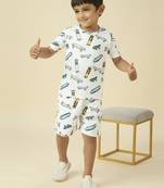 lycra woven half sleeves placement printed t-shirt and short set - white