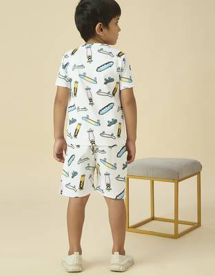 lycra woven half sleeves placement printed t-shirt and short set - white 2