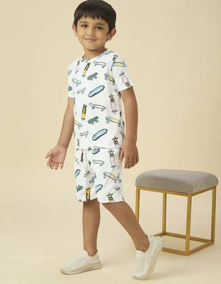 lycra woven half sleeves placement printed t-shirt and short set - white 3