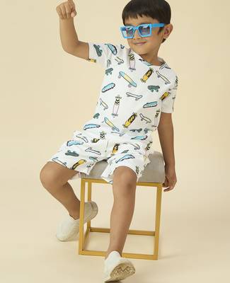 lycra woven half sleeves placement printed t-shirt and short set - white 5
