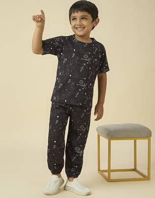 lycra woven full sleeves placement printed t-shirt and track set - black 1