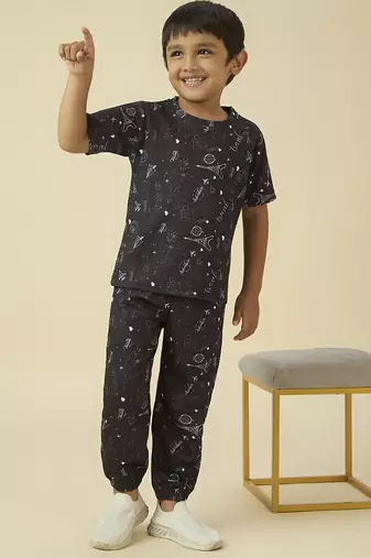 lycra woven full sleeves placement printed t-shirt and track set - black