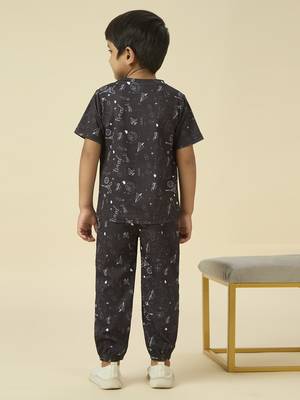 lycra woven full sleeves placement printed t-shirt and track set - black 2