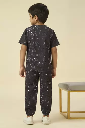 lycra woven full sleeves placement printed t-shirt and track set - black