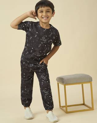 lycra woven full sleeves placement printed t-shirt and track set - black 5
