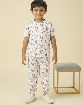 lycra woven full sleeves placement printed t-shirt and track set - beige 1