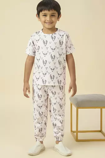 lycra woven full sleeves placement printed t-shirt and track set - beige