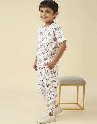 lycra woven full sleeves placement printed t-shirt and track set - beige 3