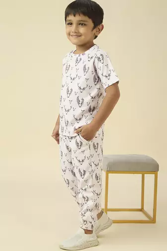 lycra woven full sleeves placement printed t-shirt and track set - beige