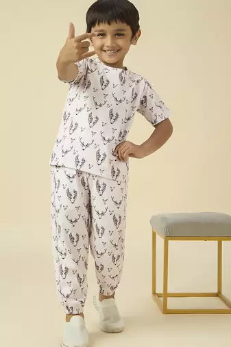 lycra woven full sleeves placement printed t-shirt and track set - beige