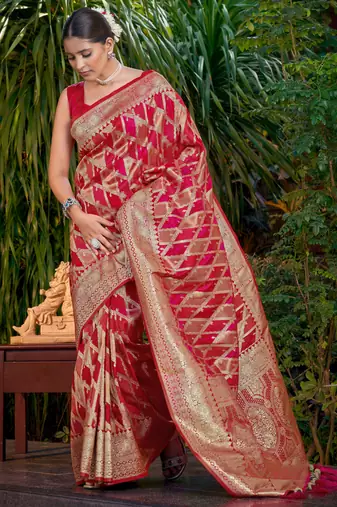 Manohari women's most trendy banarasi satin silk woven dark pink saree with heavy jacquard work saree with blouse piece