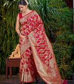 Manohari women's most trendy banarasi satin silk woven dark pink saree with heavy jacquard work saree with blouse piece