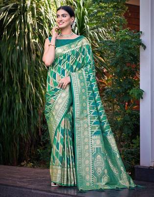 Manohari women's most trendy banarasi satin silk woven aqua green saree with heavy jacquard work saree with blouse piece 1
