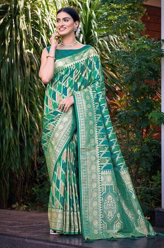 Manohari women's most trendy banarasi satin silk woven aqua green saree with heavy jacquard work saree with blouse piece