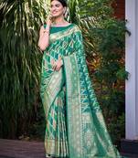 Manohari women's most trendy banarasi satin silk woven aqua green saree with heavy jacquard work saree with blouse piece