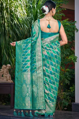 Manohari women's most trendy banarasi satin silk woven aqua green saree with heavy jacquard work saree with blouse piece