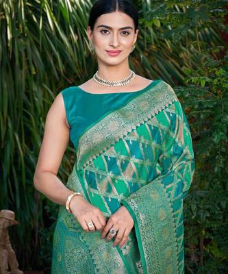 Manohari women's most trendy banarasi satin silk woven aqua green saree with heavy jacquard work saree with blouse piece 3