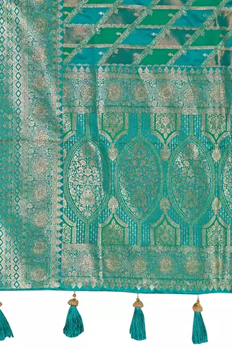 Manohari women's most trendy banarasi satin silk woven aqua green saree with heavy jacquard work saree with blouse piece