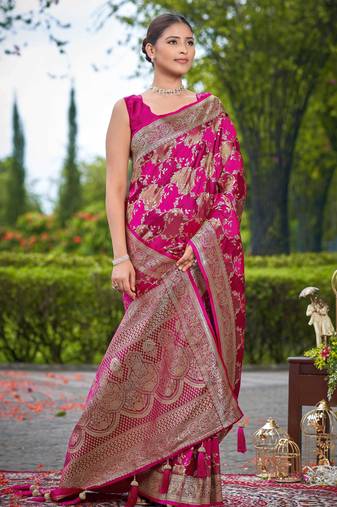 Manohari women's most trendy banarasi satin silk woven rani pink saree with heavy jacquard work saree with blouse piece