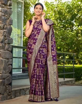 Manohari women's most trendy banarasi satin silk woven purple wine saree with jacquard work saree with blouse piece 1