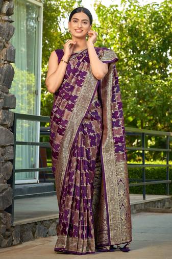 Manohari women's most trendy banarasi satin silk woven purple wine saree with jacquard work saree with blouse piece