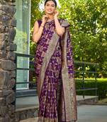 Manohari women's most trendy banarasi satin silk woven purple wine saree with jacquard work saree with blouse piece