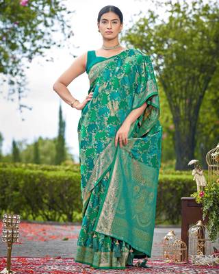 Manohari women's most trendy banarasi satin silk woven aqua green saree with heavy jacquard work saree with blouse piece 1