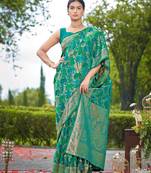 Manohari women's most trendy banarasi satin silk woven aqua green saree with heavy jacquard work saree with blouse piece