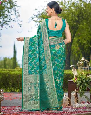 Manohari women's most trendy banarasi satin silk woven aqua green saree with heavy jacquard work saree with blouse piece 2