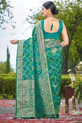 Manohari women's most trendy banarasi satin silk woven aqua green saree with heavy jacquard work saree with blouse piece