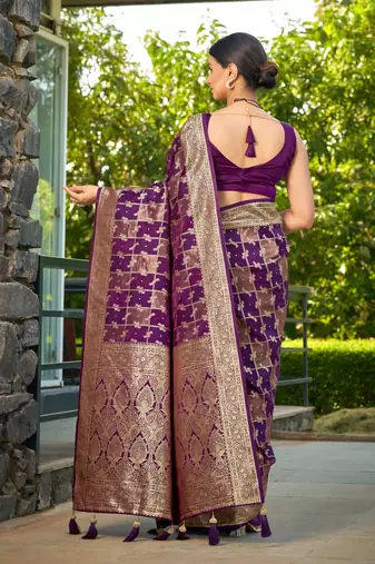 Manohari women's most trendy banarasi satin silk woven purple wine saree with jacquard work saree with blouse piece