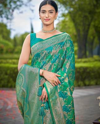 Manohari women's most trendy banarasi satin silk woven aqua green saree with heavy jacquard work saree with blouse piece 3