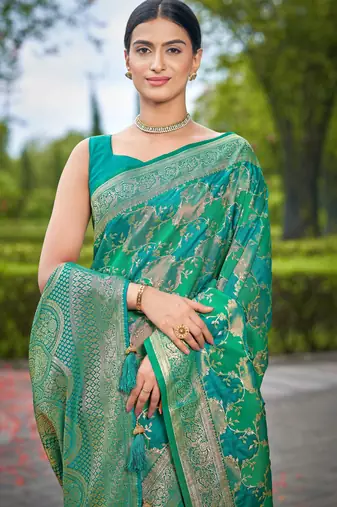 Manohari women's most trendy banarasi satin silk woven aqua green saree with heavy jacquard work saree with blouse piece