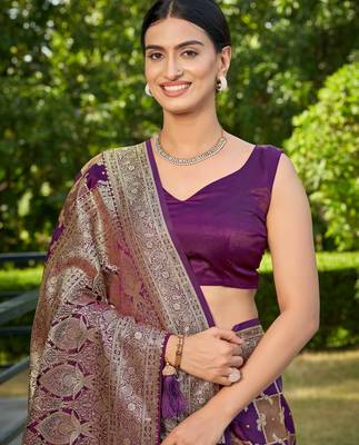 Manohari women's most trendy banarasi satin silk woven purple wine saree with jacquard work saree with blouse piece 3