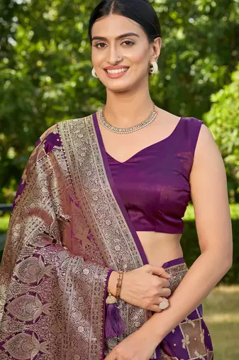 Manohari women's most trendy banarasi satin silk woven purple wine saree with jacquard work saree with blouse piece