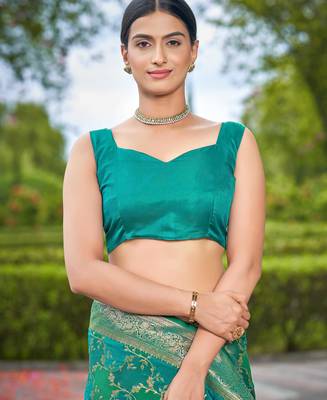 Manohari women's most trendy banarasi satin silk woven aqua green saree with heavy jacquard work saree with blouse piece 4
