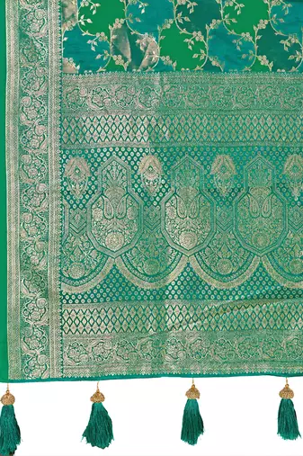 Manohari women's most trendy banarasi satin silk woven aqua green saree with heavy jacquard work saree with blouse piece