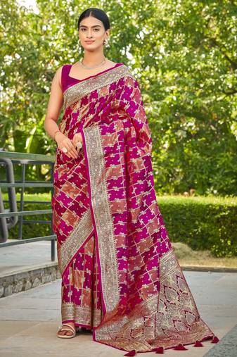 Manohari women's most trendy banarasi satin silk woven rani pink saree with heavy jacquard work saree with blouse piece