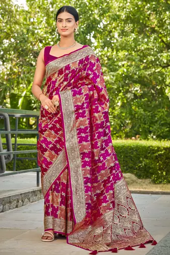 Manohari women's most trendy banarasi satin silk woven rani pink saree with heavy jacquard work saree with blouse piece