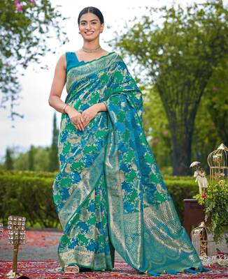Manohari women's most trendy banarasi satin silk woven turquiose blue saree with jacquard work saree with blouse piece 1