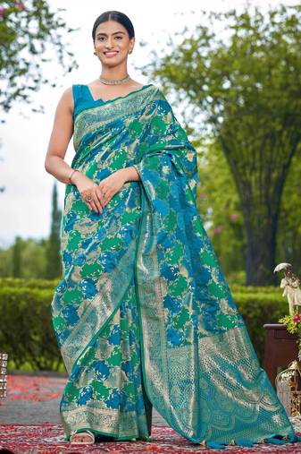 Manohari women's most trendy banarasi satin silk woven turquiose blue saree with jacquard work saree with blouse piece