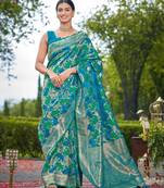 Manohari women's most trendy banarasi satin silk woven turquiose blue saree with jacquard work saree with blouse piece